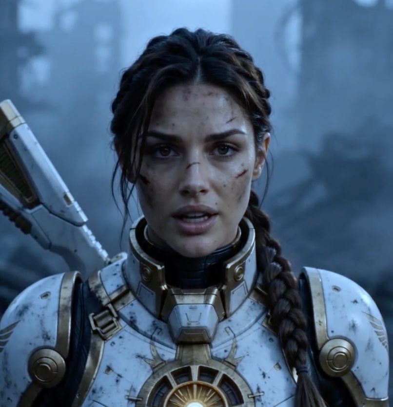 A sci-fi AI twin wearing futuristic armor